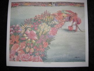Heidi Bacon; Rachels Garden, 1989, Original Reproduction, 15 x 19 inches. Artwork description: 241    Young Rachel fills her bucket to water the flower garden.  Teal and peach are the predominate colors in this laser drum reproduction of an original watercolor painting    ...