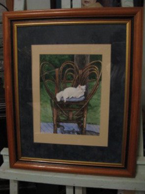 Heidi Bacon; White Cat On Chair, 1990, Original Printmaking Giclee - Open Edition, 16 x 20 inches. Artwork description: 241  Our big fluffy white cat, April, always liked to take her nap on the bent willow chair on the back porch.  Giclee reproduction on canvas of an original watercolor painting.        ...