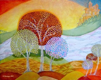 Hemu Aggarwal; Landscape In My Dream, 2015, Original Painting Acrylic, 37.5 x 30 inches. Artwork description: 241  The price $150 is for Canvas Print - 16 x 14, other sizes available. To buy original contact artist- hyaggarwal@ gmail. com.acrylic, landscape, dream, decorative painting, fairy tales, colorful painting, stylized painting, contemporary painting, trees, river, water, fishes, earth, nature painting,...
