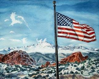 Lisa Hoffmann; Americas Mountain, 2004, Original Watercolor, 20 x 16 inches. Artwork description: 241 Print of winter scene of Pikes Peak veiled in low clouds with Garden of the Gods red rocks in the foreground, and U. S. flag....