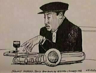 Hampton Olfus, 'Johnny Hodges Takes 5', 2021, original Drawing Pen, 7 x 5  inches. Artwork description: 1911 This is an ink drawing of saxophonist Johnny Hodges, taking a break between sessions in Paris. ...