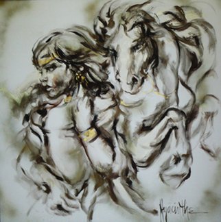 Hyacinthe Kuller-Baron; CASSANDRA And WHITE HORSE, 1980, Original Painting Oil, 4 x 4 feet. Artwork description: 241   Artist, Author, Poet, Hyacinthe Kuller Baron creates her own mythology in a series of iconic paintings, Giclee prints and published books that comprise Cassandra's Tear 