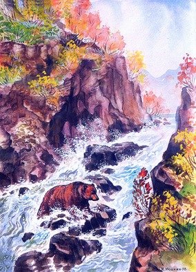 Igor Moshkin; Bear In The Waterfall, 2002, Original Watercolor, 32 x 40 cm. Artwork description: 241 watercolor, paper, wild nature, green and blue,  Bear in the waterfall , bear. waterfall, stones, autumn...
