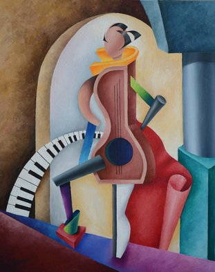 Irina Laskin; The Creative, 2015, Original Painting Oil, 24 x 30 inches. Artwork description: 241   Cubism, women, shapes, architectural detail colorful, shades, drapes, music, piano ...