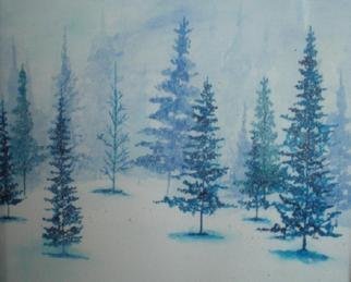 Eve Co, 'Blue Christmas 2', 2008, original Watercolor, 9 x 12  inches. Artwork description: 2307 Blue Christmas # 2 - 2008Water Color - Black Frame under Glass.Blue and white watercolor study of trees in fog and snow.  Small painting with watercolors only.  Hidden items in painting are 13 hearts, a bird, the words God and Jesus.  Private collection.   ...