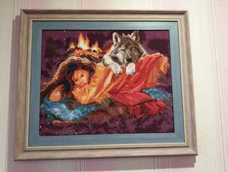 Irina Kikot; Girl With A Wolf, 2020, Original Beads, 60 x 60 inches. Artwork description: 241 Selling handmade diamond embroidery. Name of the girl with a wolf. Charm of family happiness...