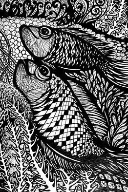 Irina Maiboroda, 'A Fargment from Creatures...', 2016, original Drawing Ink, 40 x 50  x 2 cm. Artwork description: 2448   drawing, ink, imaginary, creatures, fish, black, white, flowers  ...