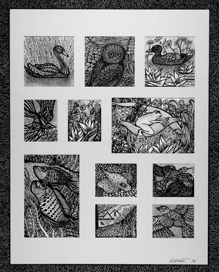 Irina Maiboroda, 'Creatures of Earth Sea and Sky', 2016, original Drawing Ink, 40 x 50  x 2 cm. Artwork description: 2448  drawing, ink, imaginary, creatures, fish, frog, bird, black, white, flowers...