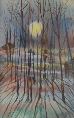 Irina Maiboroda, 'Cold Sun Of Spring', 2014, original Watercolor, 8 x 13  x 0.2 cm. Artwork description: 1758 countryside,  spring, sun, threes, cold, nature, village, Russia, landscape ...
