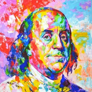 Iryna Kastsova; Benjamin Franklin, 2022, Original Painting Acrylic, 100 x 100 cm. Artwork description: 241 Benjamin Franklin is an American politician, diplomat, inventor, scientist, philosopher, writer, freemason, polymath.  Lord with a 100 bill.Painted in a modern style with brushes and a palette knife.  Pop Art.  Expressionism.  Realism.  A bright palette of colors was used purple, red, yellow, green, pink, blue.  Quality ...