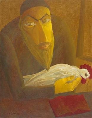 Israel Tsvaygenbaum; The Shochet With Rooster, 1997, Original Painting Oil, 22 x 28 inches. Artwork description: 241  Tsvaygenbaumi? 1/2s painting The Rabbi Leading the Angel is about a Rabbi who leads Godi? 1/2s angel. Tsvaygenbaum let Godi? 1/2s angel follow a human being that carries the Torah as Godi? 1/2s guidebook to life. Godi? 1/2s Bible is cherished both by humanity and angels. ...
