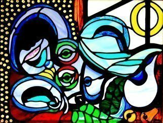 Iva Kalikow; Reclining Nude II, 2017, Original Glass Stained, 29 x 23 inches. Artwork description: 241 Inspired by Picasso, this leaded stained glass art panel has 165 hand- cut pieces of 16 different colors and textures of glass and 84 colored jewels.  It is framed in a 2 inch wide oak frame stained golden pecan. ...