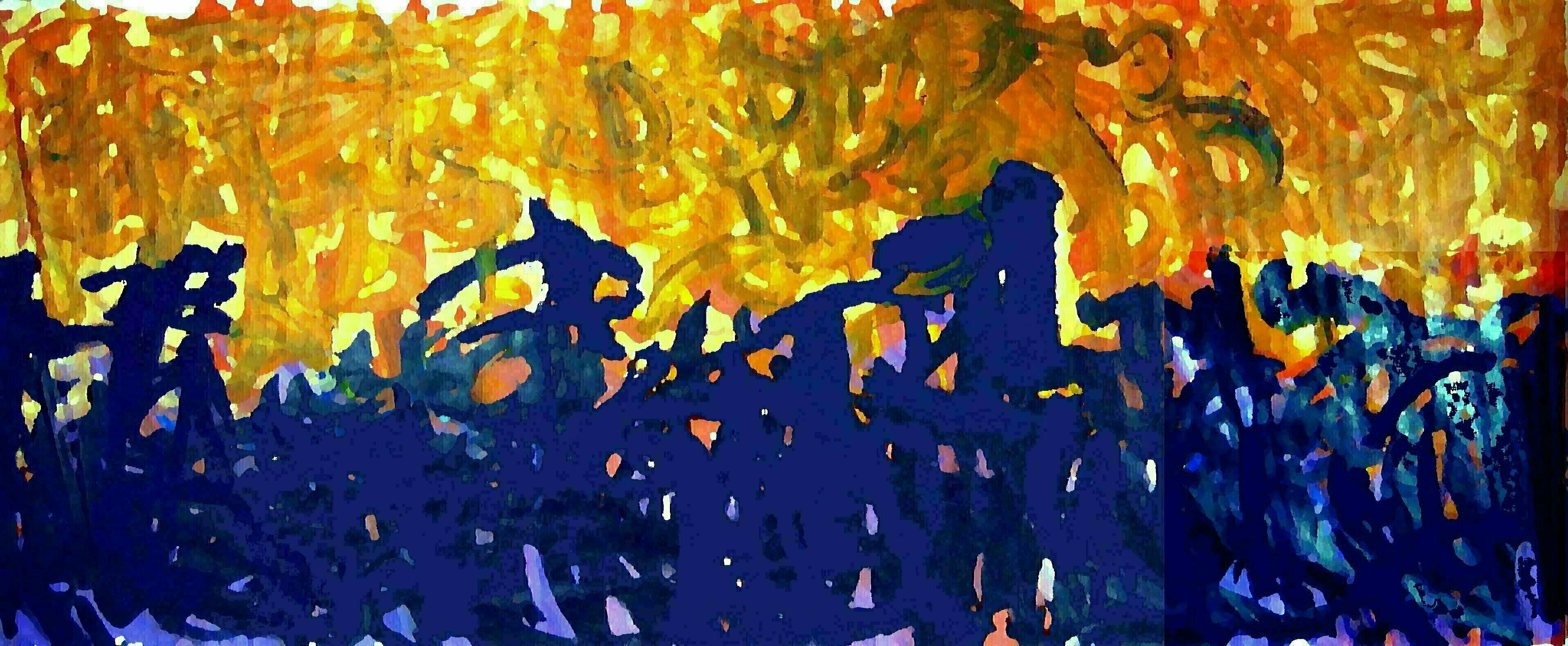 Peter Jalesh; Sundown On The Road, 2022, Original Painting Acrylic, 11 x 4.5 feet. Artwork description: 241 Sundown on a forest of black shapes...