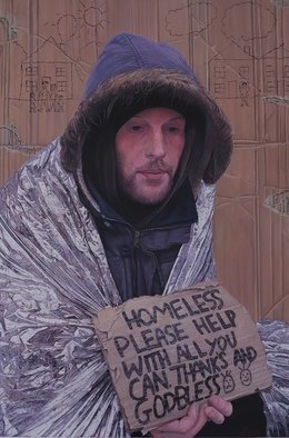 James Earley; A Cardboard Story, 2021, Original Painting Oil, 51 x 76 cm. Artwork description: 241 I met Simon in 2020 on the streets of Southampton.  It was a really cold day and it had just started to rain.  We spoke about his journey to where he was and like many homeless people that I have met the journey was a sad and ...