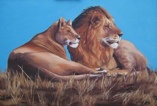 Janet Page; Lioe And Lioness Resting, 2013, Original Painting Oil, 90 x 60 cm. Artwork description: 241   Wildlife, Lion, Lioness, Love, King of the BeastsCats, Big Cats, African Lion,   ...