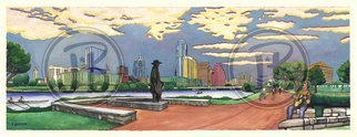 Jay Braden; Downtown Austin In 180, 2010, Original Painting Other, 26 x 10 inches. Artwork description: 241   Austin skyline from south bank of Town Lake - Stevie Ray Vaughan statue, buildings, bats, etc. Created for the Austin Visitor's Center aEUR