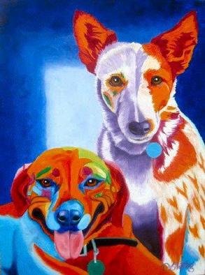 Joanne Deshong; Maggie And Sadie, 2004, Original Painting Oil, 12 x 16 inches. Artwork description: 241 A painting to capture the personalities of these two pets; the slightly crazed goofiness of maggie, the red dog, and the elegance of Sadie, the cow dog....