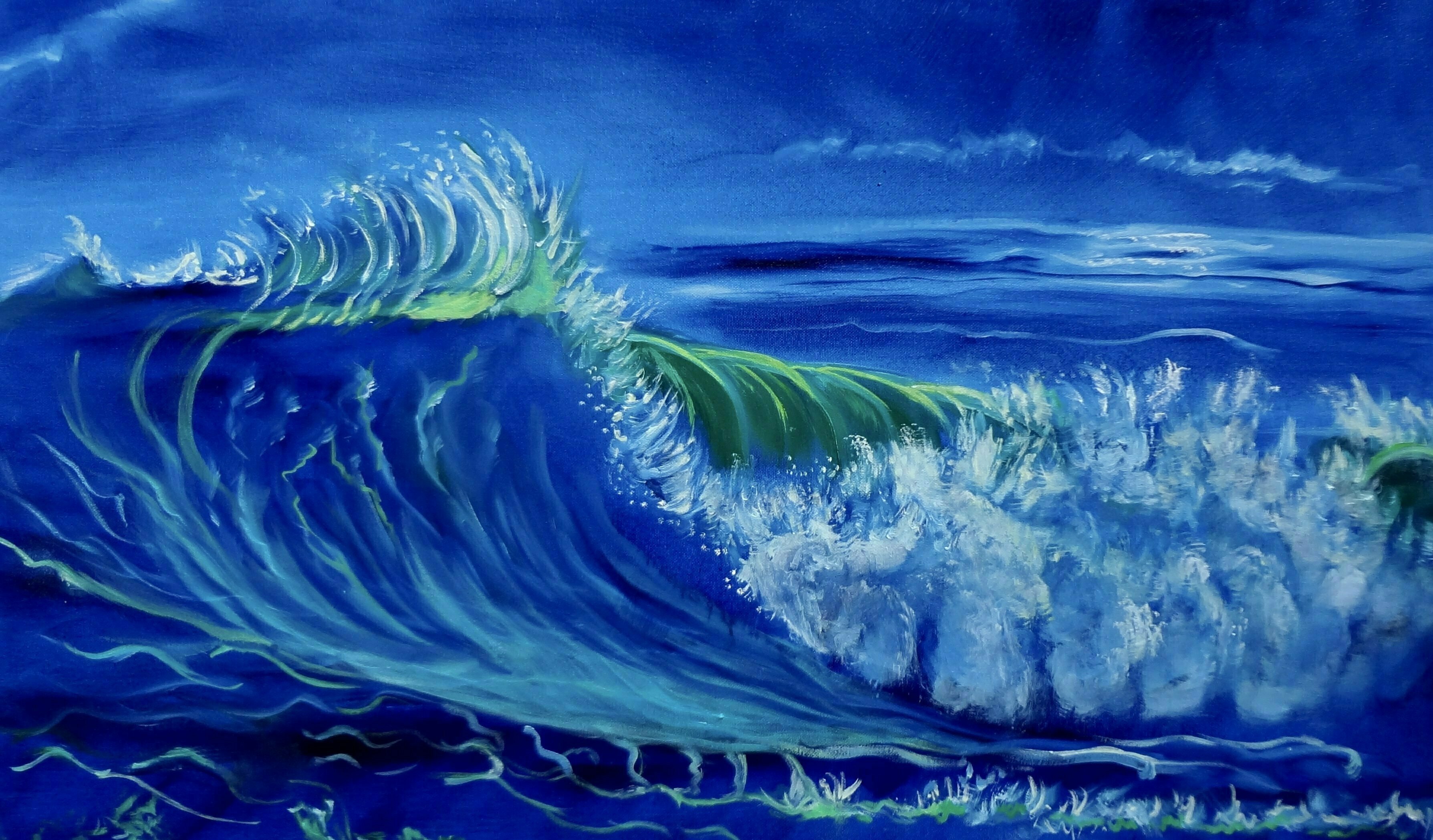 Jenny Jonah; North Shore Oahu Wave, 2019, Original Painting Oil, 32 x 18 inches. Artwork description: 241 Original oil painting on stretched canvas, unframed.  Splashing wves on the tropical shores of Oahu where millions of surfers converge every winter to watch the surfing competitions. ...