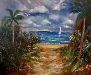 Jenny Jonah; Path To The Beach, 2020, Original Painting Oil, 30 x 24 inches. Artwork description: 241 ORIGINAL OIL PAINTING ON STRETCHED CANVAS.  SANDY BEACH LEADING TO THETROPICAL OCEAN PUNCTUATED BY PALM TREES AND BEAUTIFUL GARDEN FAUNA ON EACH SIDE OF THE PATH.  SAIL BOAT IN THE DISTANCE.  BEAUTIFUL SUNNY SKIES, A PERFECT DAY FOR SWIMMING.  UNFRAMED...