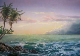 Jerry Sauls; South Pacific, 2007, Original Painting Oil, 36 x 24 inches. Artwork description: 241  'South Pacific' finds a special island paradise with the sun slowly disappearing from the scene transforming the ambience with soft beautiful tones.  You feel as if you could walk along the beach for miles and with each few steps the scene will change. ...