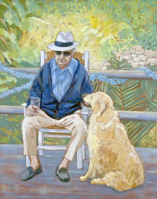 Jessica Dunn; Ninety, 2010, Original Painting Oil, 120 x 150 cm. Artwork description: 241  Clive Dunn at ninety, oil painting. , man and faithful dog, golden retriever. ...