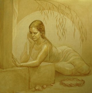 Judith Fritchman, 'Grieving Magdalene', 2008, original Painting Oil, 40 x 40  x 1 inches. Artwork description: 1911  All the Gospel accounts of the crucifixion include Mary Magdalene as one of the group of women who waited at the foot of the cross.  Symbolic references to her grief and the resurrection include the willow tree and the crown of thorns. ...