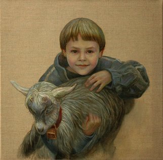 Judith Fritchman; New Friends, 2013, Original Painting Oil, 20 x 20 inches. Artwork description: 241    OIl painting on natural linen of a young boy filled with joy and expectation about  making friends with a young goat. ...