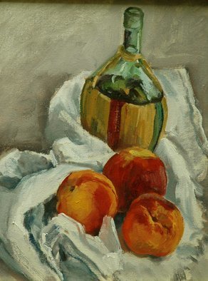 Judith Fritchman, 'Peaches And Chianti', 1987, original Painting Oil, 9 x 12  x 1 inches. Artwork description: 3099  Still life of peaches and Chianti Bottle. ...