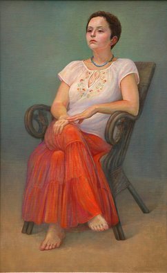Judith Fritchman, 'Sarah', 2007, original Painting Oil, 26 x 42  x 2 inches. Artwork description: 2307   Sarah' s beautiful brunette coloring is enhanced by her soft orange skirt and summery blouse.  ...