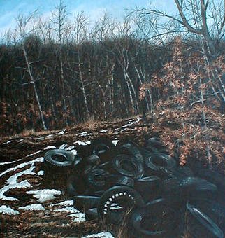 James Gwynne, 'Landscape With Tires', 1990, original Painting Oil, 65 x 70  x 3 inches. Artwork description: 2307 Beautiful winter spot in the woods, withsome fall leaves left on the ground and patches of snow, and, oops, an illegaldumping ground for tires...