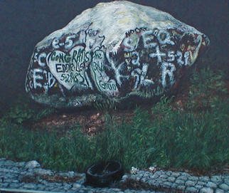 James Gwynne, 'Rock With Grafitti And Tire', 1989, original Painting Oil, 65 x 60  x 3 inches. Artwork description: 2307 A large rock boldly decorated along awell- travelled highway, accented witha discarded tire...
