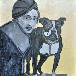 Jaime Hesper; Bahk Bahk, 2012, Original Painting Oil, 20 x 20 inches. Artwork description: 241  Boston Terrier,  portrait of woman with her dog, expressionist, thick paint, heavy brushstrokes, inspired by vintage photo,  history, ivory and gray prominent colors, oil on canvas. gallery wrapped canvas. framed with wood that is stained black            ...