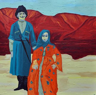 Jaime Hesper; Dzhigit Family, 2012, Original Painting Oil, 24 x 24 inches. Artwork description: 241  Dagestan,  portrait of rural couple, expressionist, bold, colorful, Central Asian, Former soviet union,  inspired by vintage photo, color,  history, reds, turquoise prominent colors. Part of a set with The Boss of Bukhara listed here.         ...