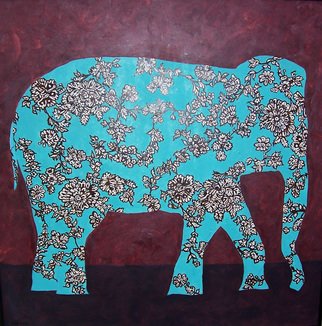 Jaime Hesper; Study In Grief, 2006, Original Painting Oil, 24 x 24 inches. Artwork description: 241  ivory, brown and turquoise floral elephant. dark red and black background. black metal frame. oil on hardboard. ...