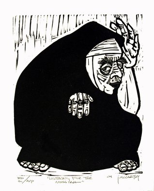 Jack Mccarthy; Listening For The Messiah, 2004, Original Printmaking Linoleum, 8 x 10 inches. Artwork description: 241  Printed on T. Leach, Santa Fe handmade paper. One of a trilogy.  The other two are 