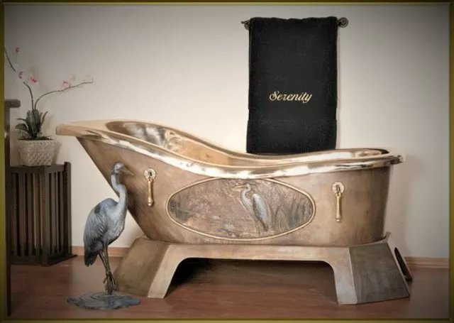 Joe Jumalon; Serenity Bath Ensemble, 2019, Original Sculpture Bronze, 65 x 23 inches. Artwork description: 241 The Serenity bath ensemble is a very limited edition of 12 exquisite functional art sets.  Bath yourself in elegance in our solid cast bronze bathtub with hand applied 24 kt.  gold and silver ornate accents.  NoteAll cast bronze art pieces will vary slightly in color andor pattern, ...