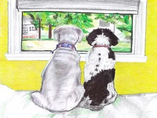 Jodie Hammonds; Dog View, 2017, Original Drawing Pencil, 11 x 8 inches. Artwork description: 241 Dogs, window, pet...