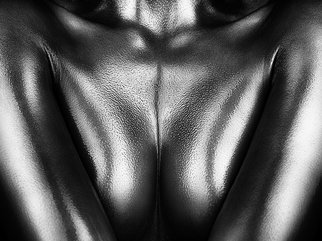 Johan Swanepoel; Female Nude Silver Oil 2, 2019, Original Photography Black and White, 21.8 x 16.3 inches. Artwork description: 241 Nude abstract and figurative bodyscape of a naked woman covered with thick silver oil. Sensual fine art close- up photography of the female breasts and upper body with shiny reflections on the bare skin...