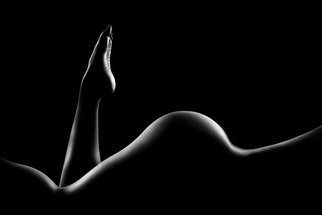 Johan Swanepoel; Nude Woman Bodyscape 14, 2019, Original Photography Black and White, 28.8 x 19.2 inches. Artwork description: 241 Nude abstract and figurative bodyscape of a naked woman lying with one leg raised against a black background. Sensual fine art photography of the female buttocks, lower body  and legs outlined as a silhouette with rim light...