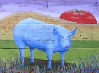 John Cielukowski; Blue Pig, 2018, Original Painting Acrylic, 21 x 17 inches. Artwork description: 241 Original Acrylic Painting on vintage pine fence board...