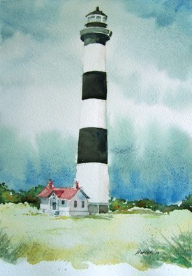 John Hopper; Bodie Island Light, 2012, Original Watercolor, 11 x 15 inches. Artwork description: 241  Bodie Island Light is one of a quartet of paintings of Outer Banks lighthouses in North Carolina.  The four paintings can be purchased as a group or each one separately.  A limited edition of giclee prints are available also. Contact artist for information. ...
