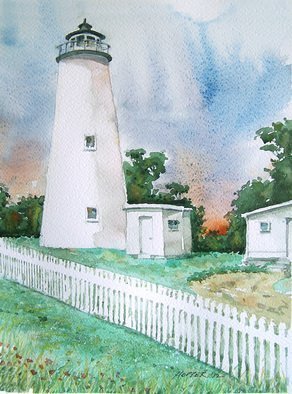 John Hopper; Ocracoke Light, 2012, Original Watercolor, 11 x 15 inches. Artwork description: 241  Ocracoke Light is one of a quartet of paintings of Outer Banks lighthouses in North Carolina.  The four paintings can be purchased as a group or each one separately.  A limited edition of giclee prints are available also. Contact artist for information.   ...