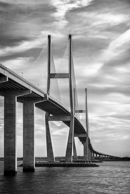 Jon Glaser; Lanier Bridge At Sunset II, 2016, Original Photography Black and White, 16 x 24 inches. Artwork description: 241  While in south Georgia, near Jekyll Island, this photograph showed the leading lines on the Sydney Lanier Bridge. This limited- edition photograph, measuring approximately 16x24, is printed on fade- resistant Museo Silver Rag paper that has no optical brighteners. The image has been varnished with a protective ...