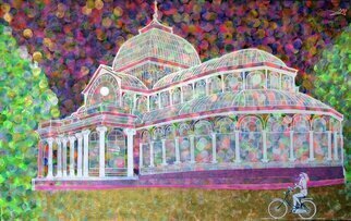 Jorge Cuneo; Cristal Palace, 2022, Original Painting Acrylic, 160 x 100 cm. Artwork description: 241 Work inspired by the Crystal Palace of the Casa del Buen Retiro in Madrid, Spain. . . with the participation of a young lady on a bicycle, in heels, talking on the Mobile- ...