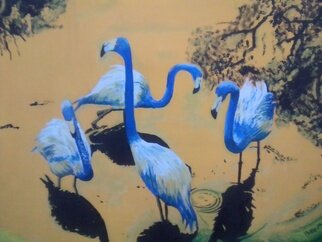 Phillip Matthews; On Golden Pond, 2023, Original Painting Acrylic, 85 x 64 cm. Artwork description: 241 Brazilian flamingoes reflecting in the water. ...
