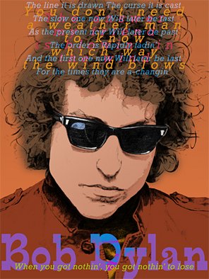 Trevor Heath; Bob Dylan, 2008, Original Printmaking Giclee, 44 x 33 cm. Artwork description: 241   Bob Dylan. Each original fine art giclee print is individually made, numbered and signed by the artist. The print is created with lightfast pigmented inks in an eight- colour inkjet printer on Hahnemuhle archive quality FineArt Pearl 285 gsm.  ...