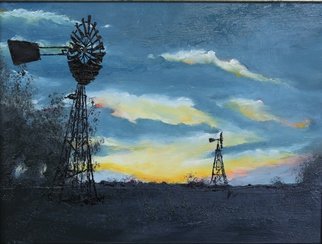 Willem Petrus Kallmeyer; Sunset In The Karoo, 2014, Original Painting Oil, 30 x 40 cm. Artwork description: 241  the vastness of the karoo compels the drilling for water for livestock as power is to expesive to supply. the clean air makes the sunsets so much brighter, something to behold     ...