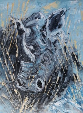 Willem Petrus Kallmeyer; White Rhino, 2014, Original Painting Oil, 30 x 54 cm. Artwork description: 241  the white rhino is faced with extingtion if the poaching continues, di this painting with pellet knife I a abstract realism metod    ...