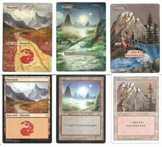 James Asher; Mtg To The Edge 4, 2023, Original Painting Acrylic, 2.5 x 3.5 inches. Artwork description: 241 Price is by piece, multiple pieces are in the picture.  Original art is at the bottom, my modification is shown on top...