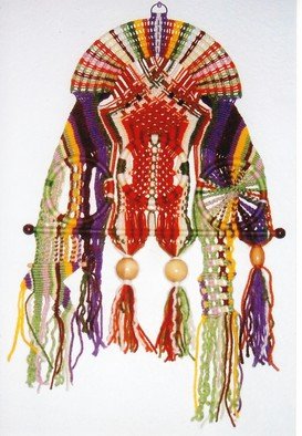 Kathie Freeman; Celestial Warrior, 2014, Original Fiber, 24 x 36 inches. Artwork description: 241   This hand knotted macrame wall hanging was created from odds and ends of yarn left over from other projects. ...
